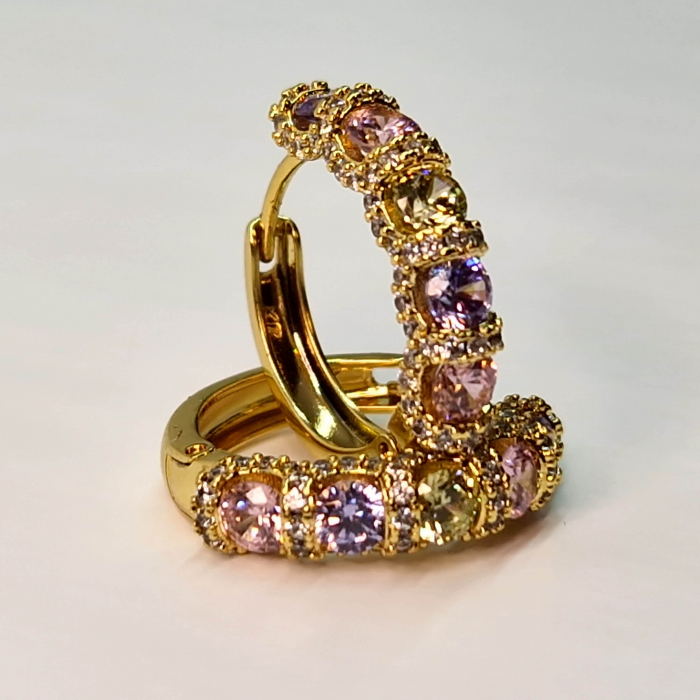 Cercei rotunzi placati cu aur galben de 14k si cristale zirconiu multicolore [3]