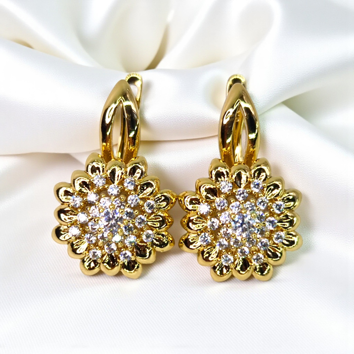 Cercei Inola placați cu aur cu floare aurie și zirconii centrale [7]