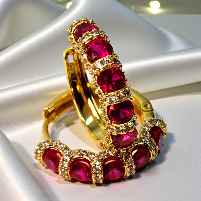 Cercei rotunzi placati cu aur de 14k si cristale zirconiu roz [6]