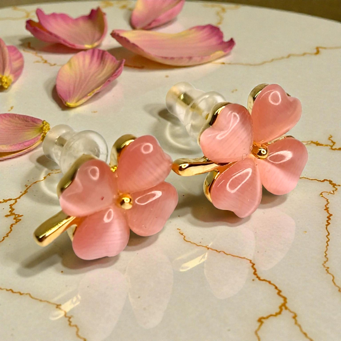 Cercei Olimpia Pink placați cu aur cu flori roz cat-eye [4]
