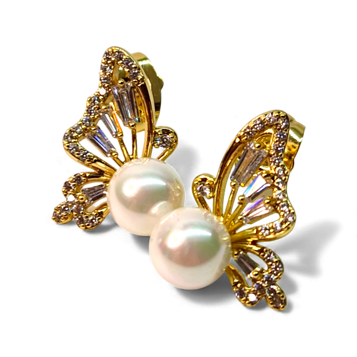 Cercei cu surub placati cu aur de 14k in forma de fluture cu perla alba centrala si cristale albe zirconiu [3]