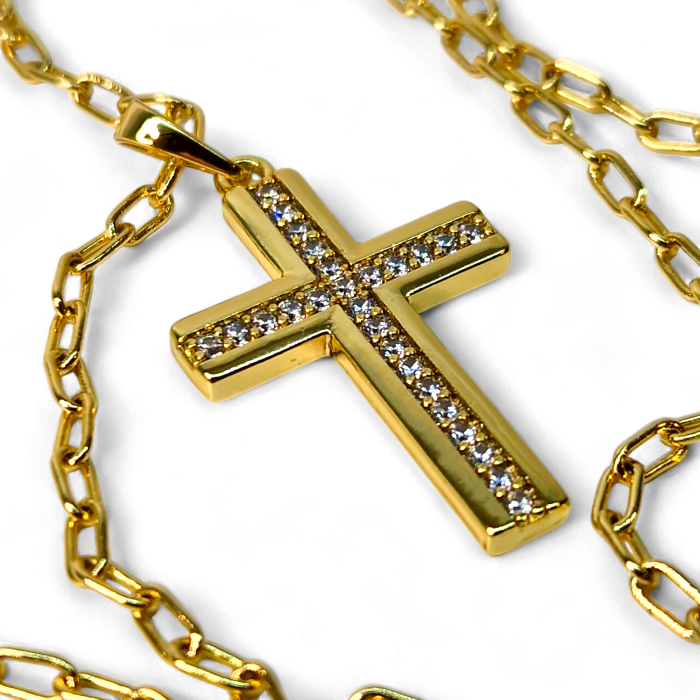 Colier cu Sfanta Cruce incrustata cu cristale albe si lant de 50 cm placat cu aur de 18k IH704 [5]