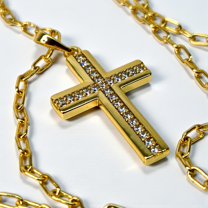 Colier cu Sfanta Cruce incrustata cu cristale albe si lant de 50 cm placat cu aur de 18k IH704 [4]