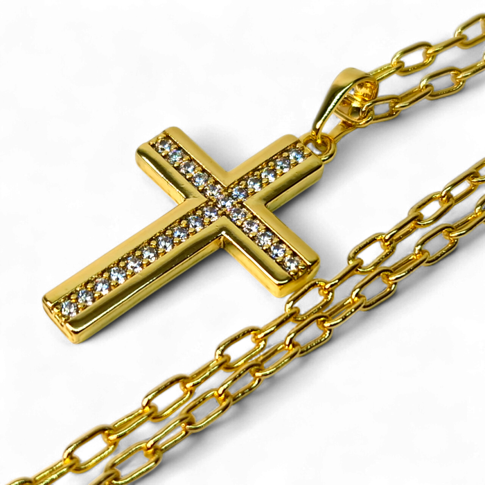 Colier cu Sfanta Cruce incrustata cu cristale albe si lant de 50 cm placat cu aur de 18k IH704 [1]