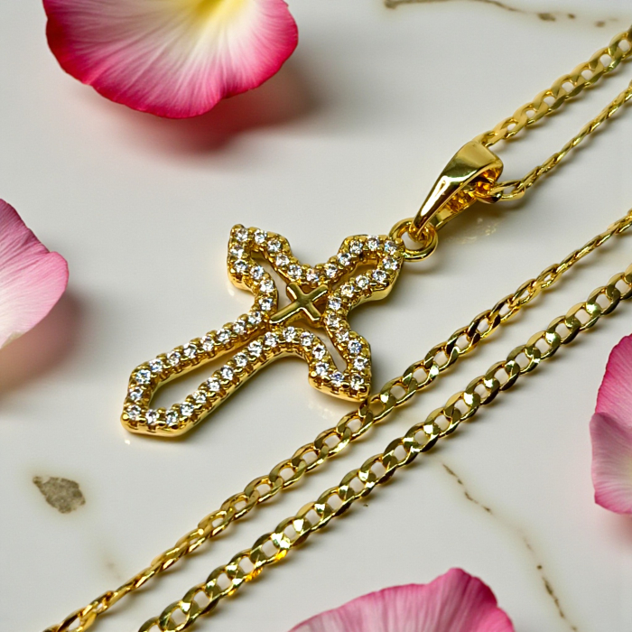 Colier IH807 placat cu aur 18K cu pandantiv cruce și zirconii albe [2]