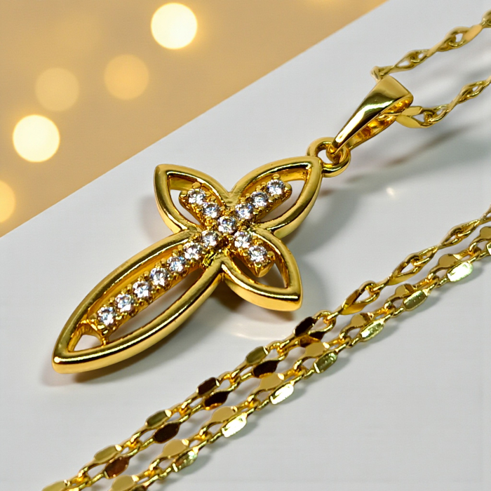 Colier IH801 placat cu aur 18K cu pandantiv cruce și zirconii albe [2]