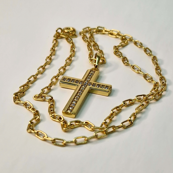 Colier cu Sfanta Cruce incrustata cu cristale albe si lant de 50 cm placat cu aur de 18k IH704 [8]