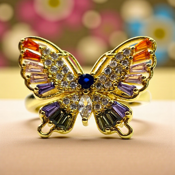 Inel reglabil placat cu aur Ivona Blue cu fluture și zirconii multicolore [2]
