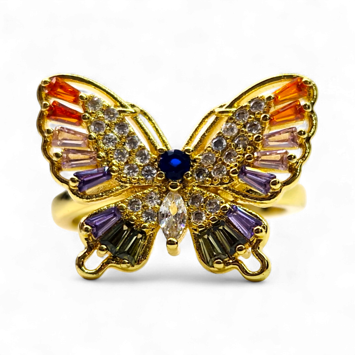Inel reglabil placat cu aur Ivona Blue cu fluture și zirconii multicolore [1]