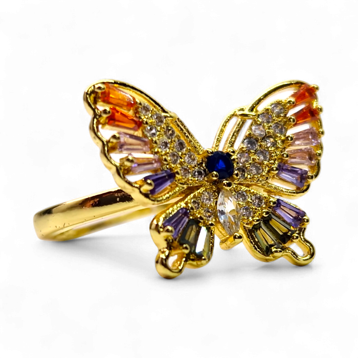 Inel reglabil placat cu aur Ivona Blue cu fluture și zirconii multicolore [3]