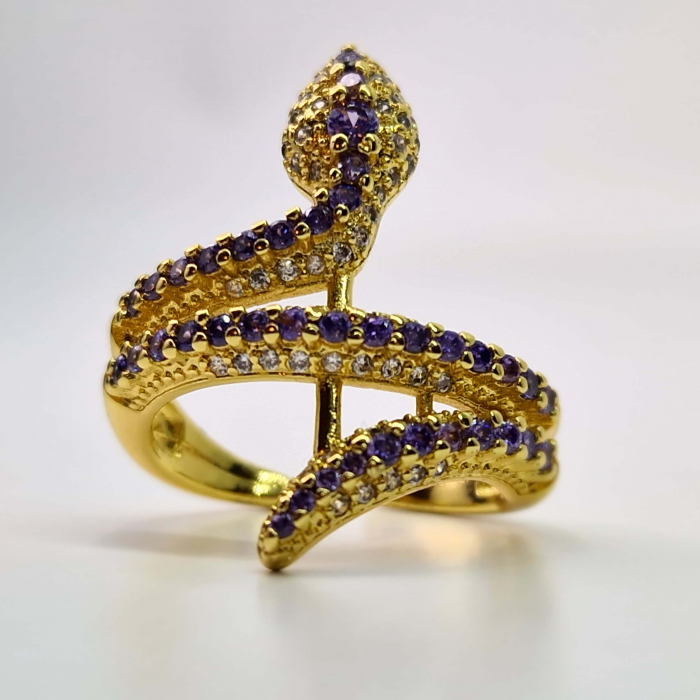 Inel reglabil in forma de sarpe placat cu aur de 14k si incrustat cu cristale albastre zirconiu [4]