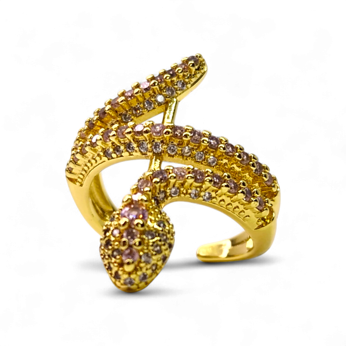 Inel Kaida Pink reglabil placat cu aur cu zirconii roz și design serpentin [5]