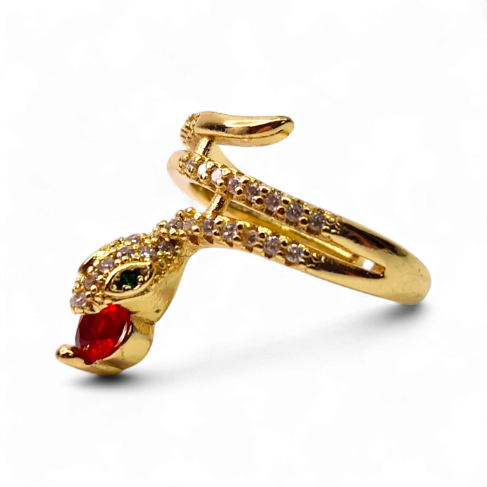 Inel reglabil placat cu aur de 14k in forma de sarpe incrustat cu cristale albe si un cristal rosu in gura [6]