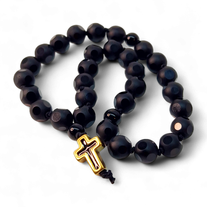 Metanier IH802 cu pietre negre mate și cruce din hematit aurit [3]