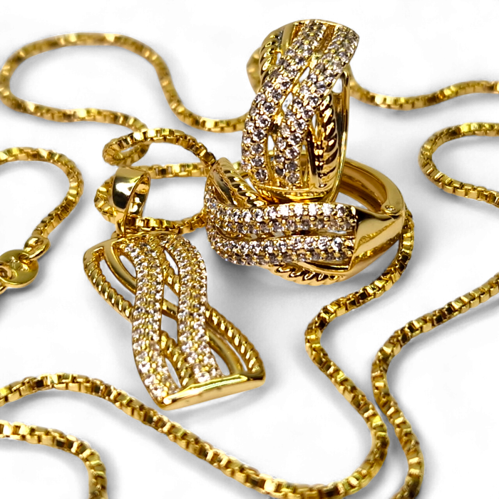 Set placat cu aur Andra cu model împletit și zirconii albe [3]