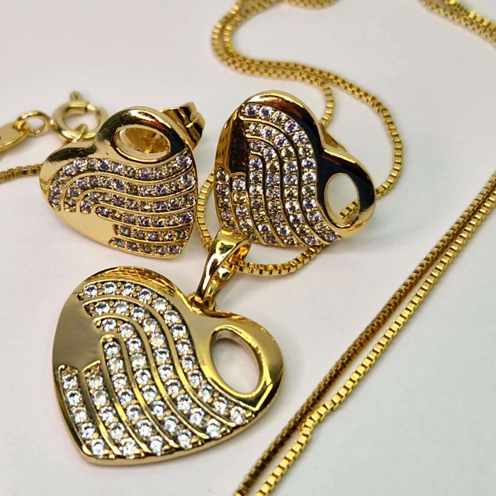 Set colier si cercei in forma de inima placat cu aur de 18k si cristale de zirconiu albe [2]