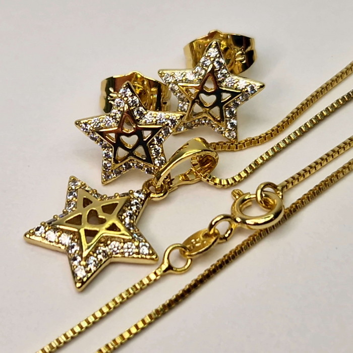 Set colier si cercei in forma de stea placat cu aur de 18k si cristale de zirconiu albe [4]