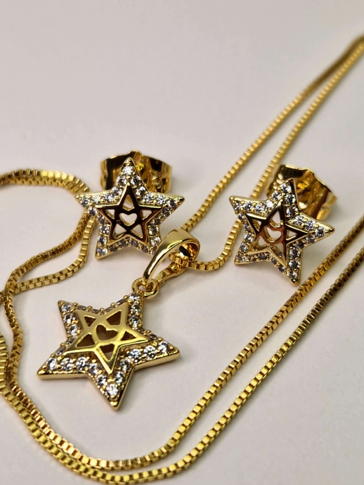 Set colier si cercei in forma de stea placat cu aur de 18k si cristale de zirconiu albe [5]