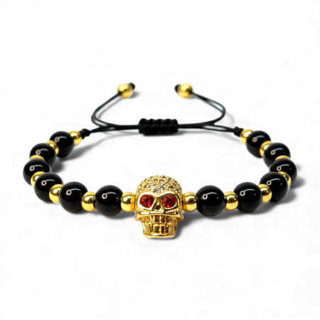 Brățară Harley cu pietre naturale negre și skull placat cu aur [4]