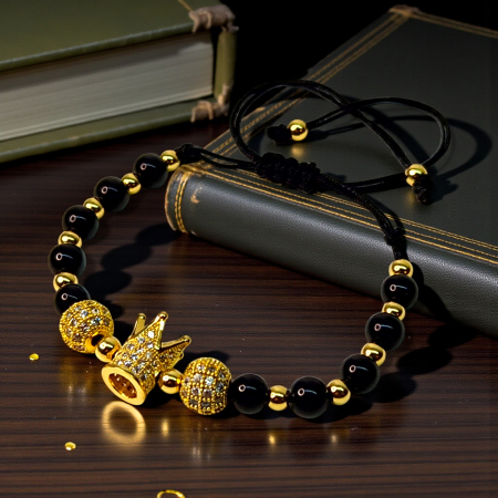 Brățară Kennedy cu hematit și coroană aurie decorată cu zirconii [3]