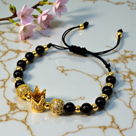 Brățară Kennedy cu hematit și coroană aurie decorată cu zirconii [7]