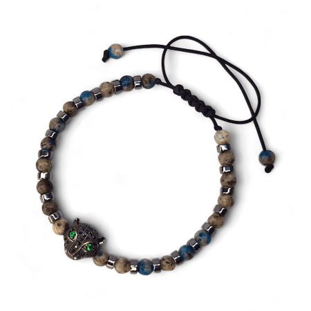 Bratari reglabile - Brățară Aryan cu labradorit, hematit și panteră cu ochi verzi