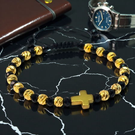 Bratara crestina cu Sfanta Cruce cu pietre semipretioase naturale placata cu aur de 18k [5]