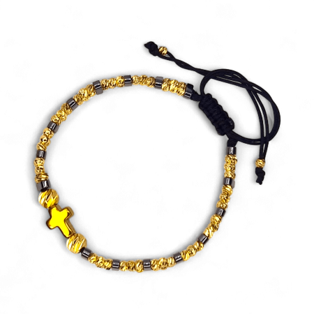 Brățară IH804 cu hematit și cruce placată cu aur de 18K [4]