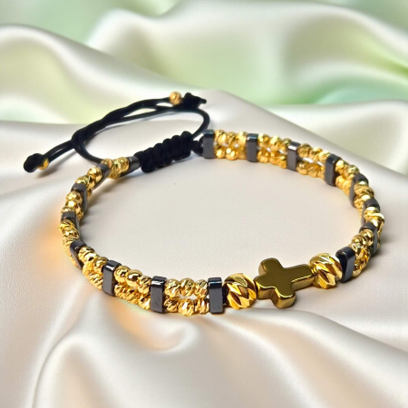 Brățară IH804 cu hematit și cruce placată cu aur de 18K [3]