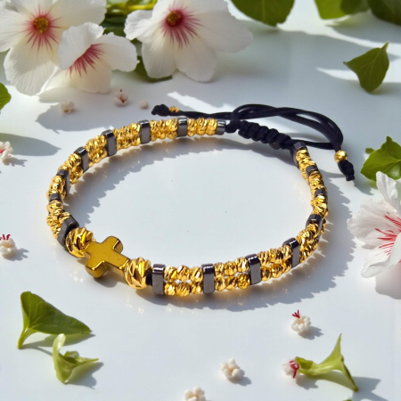 Brățară IH804 cu hematit și cruce placată cu aur de 18K [1]