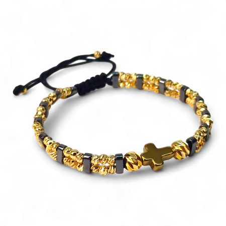 Brățară IH804 cu hematit și cruce placată cu aur de 18K [2]