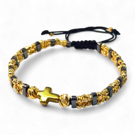 Bijuterii bărbați - Brățară IH804 cu hematit și cruce placată cu aur de 18K