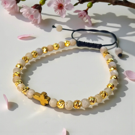 Brățară IH808 cu pietre naturale alb-bej și cruce din hematit aurit [3]