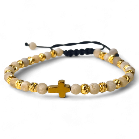 Brățară IH808 cu pietre naturale alb-bej și cruce din hematit aurit [6]