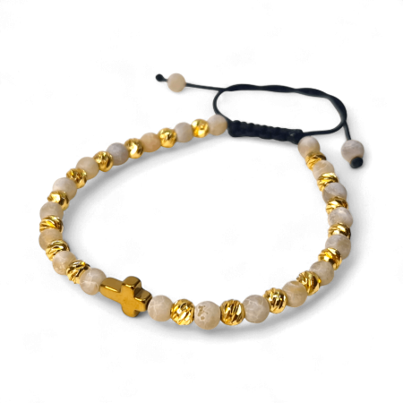 Brățară IH808 cu pietre naturale alb-bej și cruce din hematit aurit [2]