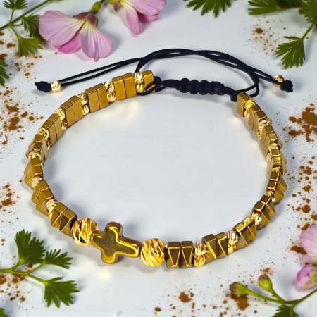 Brățară IH810 cu hematit aurit și cruce placată cu aur de 18K [3]