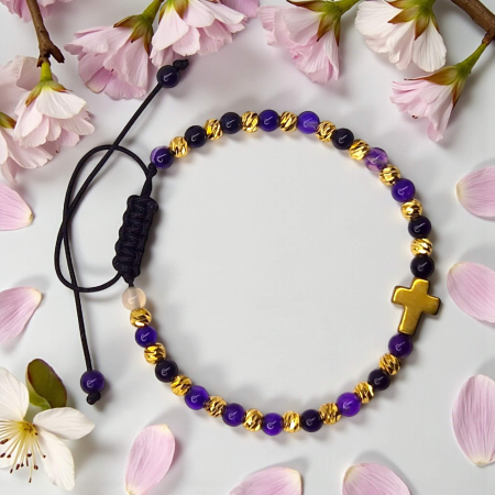 Brățară IH803 din ametist și hematit cu cruce placată cu aur 18K [1]