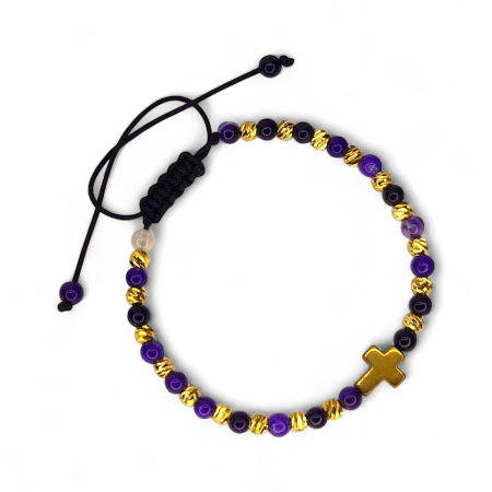 Bratari reglabile - Brățară IH803 din ametist și hematit cu cruce placată cu aur 18K