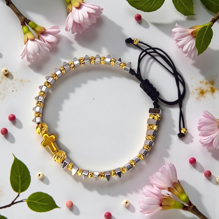 Brățară IH806 cu hematit geometric și cruce placată cu aur 18K [3]