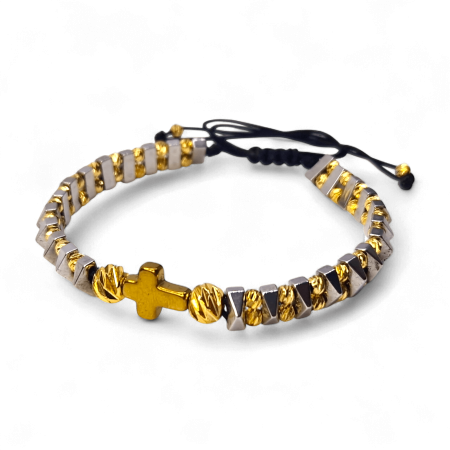 Bijuterii bărbați - Brățară IH806 cu hematit geometric și cruce placată cu aur 18K