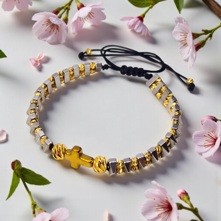 Brățară IH806 cu hematit geometric și cruce placată cu aur 18K [1]