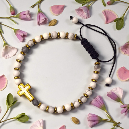Brățară IH807 cu howlit alb și cruce placată cu aur 18K [3]