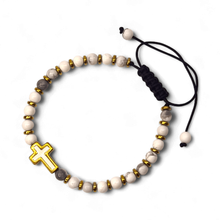 Brățară IH807 cu howlit alb și cruce placată cu aur 18K [6]