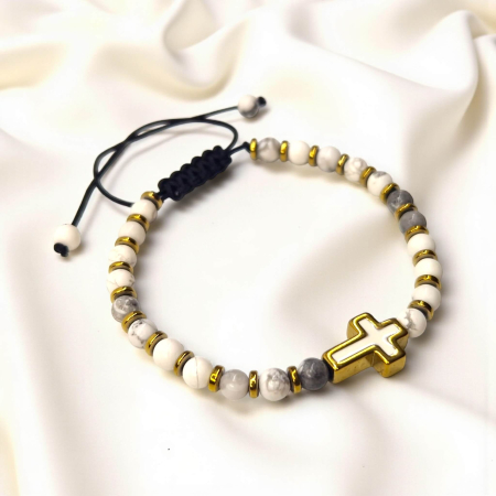 Brățară IH807 cu howlit alb și cruce placată cu aur 18K [5]