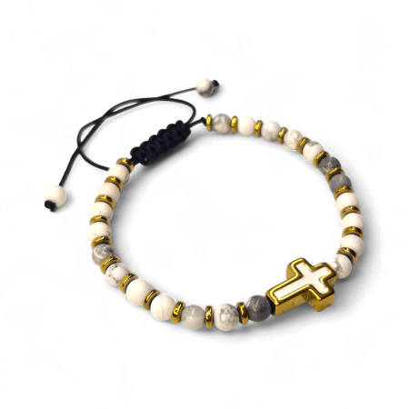 Bratari reglabile - Brățară IH807 cu howlit alb și cruce placată cu aur 18K
