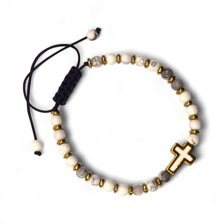Brățară IH807 cu howlit alb și cruce placată cu aur 18K [4]