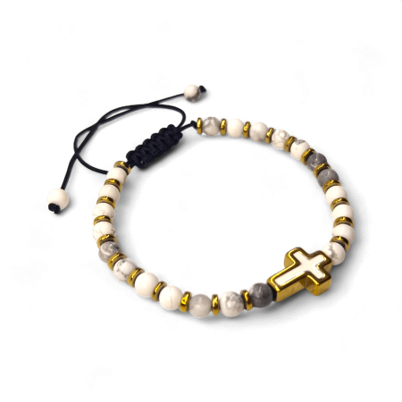 Brățară IH807 cu howlit alb și cruce placată cu aur 18K [2]