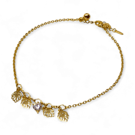 Bratari - Brățară de picior Eleri placată cu aur cu frunze aurii și cristal luminos