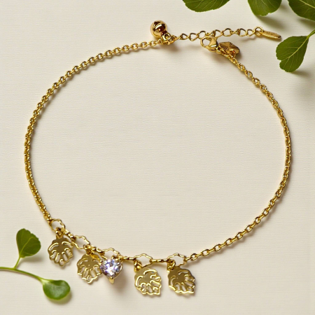 Brățară de picior Eleri placată cu aur cu frunze aurii și cristal luminos [3]