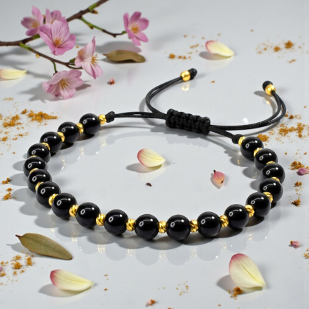 Bratara cu cristale de onix rotunde si bilute placate cu aur de 14k [5]